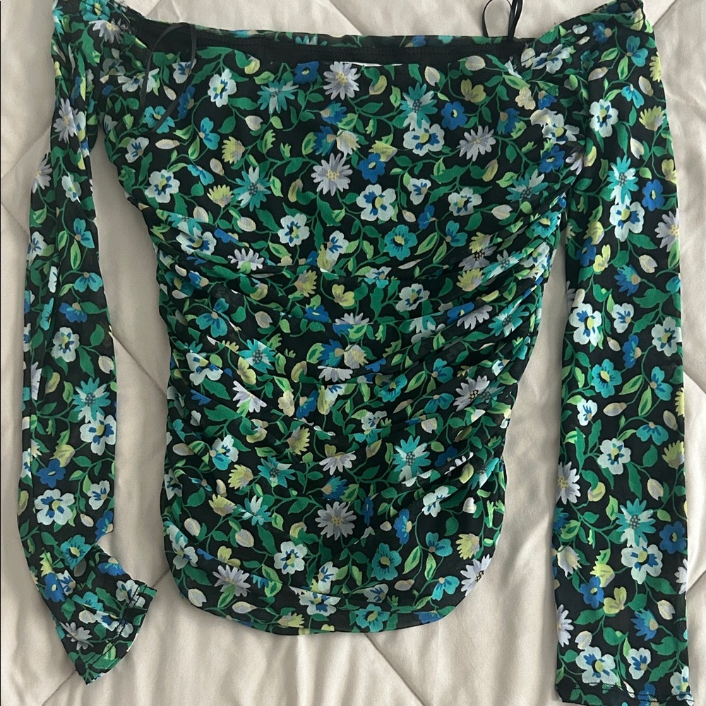 AFRM Black Floral Off-the-Shoulder Ruched Blouse with Green & Blue Print